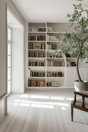Bookcase in nordic style, room with light floorsの素材