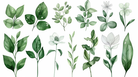 Set of luxury green leaves and flowers elements in watercolor and ink styleの素材