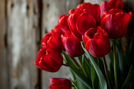 Red tulips bouquet in front of wooden wall. With space for your textの素材