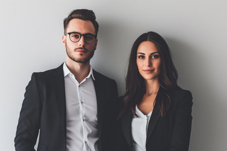 Business partners posing in front of wall, looking at camera and smiling, white backgroundの素材