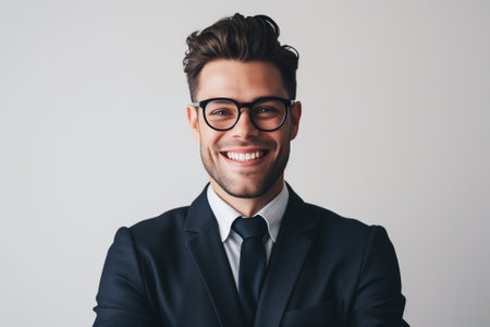 Portrait of handsome caucasian man in formal suit looking at camera smiling with toothy smile isolated in white background. Confident businessman ceo boss freelancer managerの素材