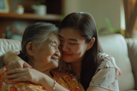 Young Asian female hug old mother in home, they feeling happy and smile, they sitting on sofa, mother's day. Happiness in family timeの素材