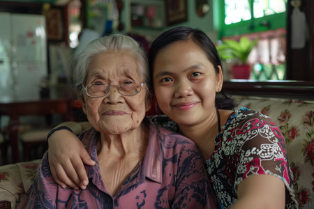 Young Asian female hug old mother in home, they feeling happy and smile, they sitting on sofa, mother's day. Happiness in family timeの素材