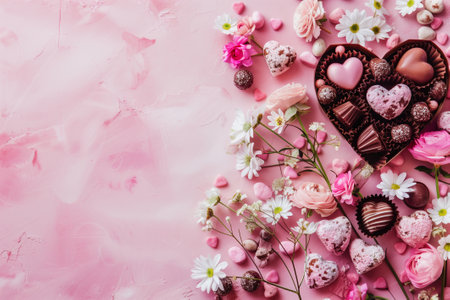 Luxury chocolates in heart shaped gift box and tender flowers, pink background, copy space for textの素材