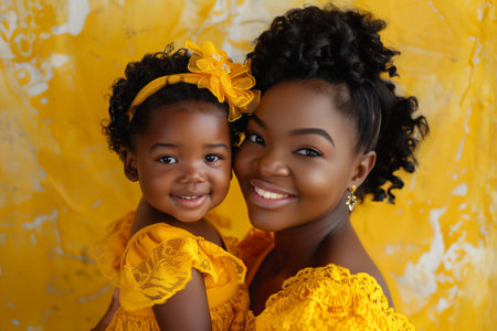 Portrait of happy African American mommy and her cute little daughter. World Children Protection Day. Mother's Dayの素材