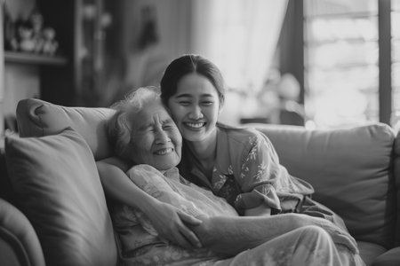 Young Asian female hug old mother in home, they feeling happy and smile, they sitting on sofa, mother's day. Happiness in family timeの素材