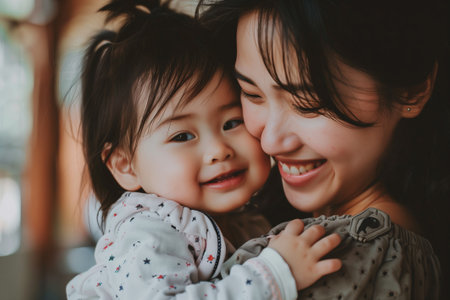 Portrait of happy Asian mommy and her cute little daughterの素材