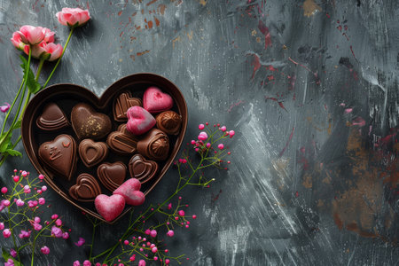 Luxury chocolates in heart shaped gift box and tender flowers. Birthday, happy mother's day, valentine's day concept. Copy spaceの素材