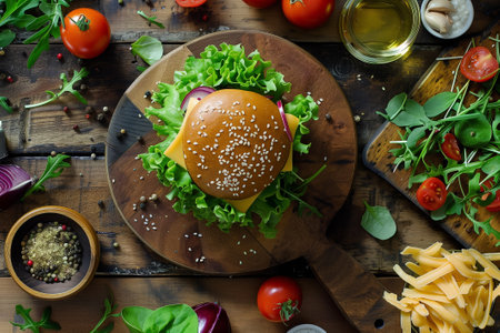 Burger with cheese, salad, tomatoes on the wooden table in the kitchen, closeupの素材