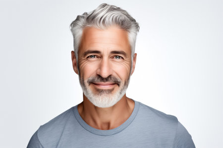 Photo portrait of a handsome 40s old mature man smiling with clean teeth. For a dental ad. Man with fresh stylish hair and beard, blue T-shirt. Isolated on white backgroundの素材