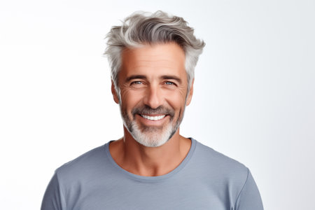 Photo portrait of a handsome 40s old mature man smiling with clean teeth. For a dental ad. Man with fresh stylish hair and beard, gray T-shirt. Isolated on white backgroundの素材