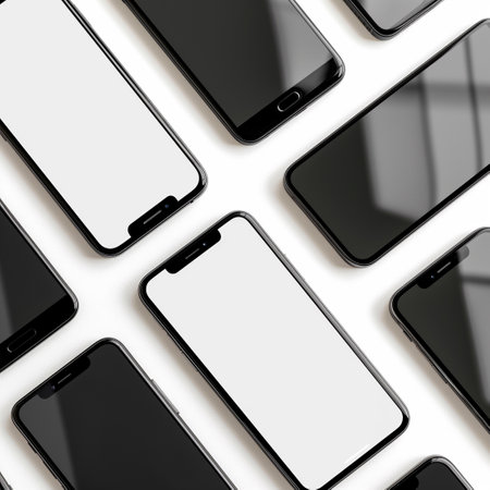 flat lays, collection of smartphone mockup blank screen isolated with clipping path on white backgroundの素材