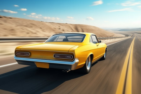 Rear view of yellow car on high speed in turn. Car rushing along a high-speed highwayの素材