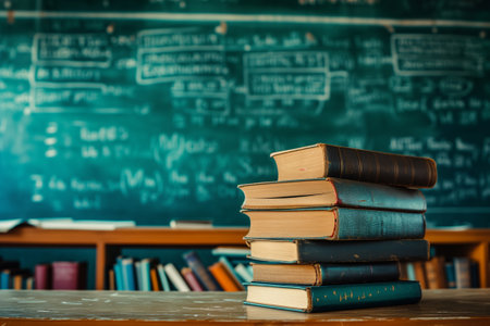 School desk in the classroom, with books on background of chalk board with written formulas. Concept Teachers Dayの素材