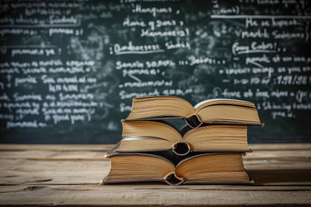 Books on a wooden table, against the background of chalkboard with formulas. Teacher's day concept and back to schoolの素材