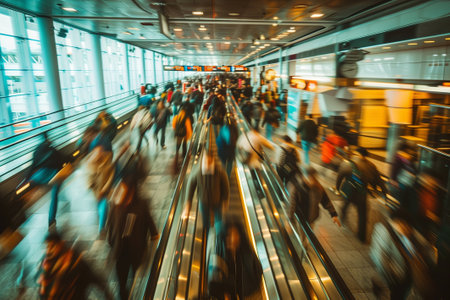 Busy airport terminal with blurred motionの素材