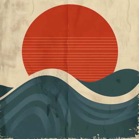 Retro poster for a blue design, sea and sun, graphicの素材