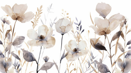 Beautiful watercolor plants, leaves and flowers. For elegant modern greeting cards, congratulations, wrapping paper, wallpaper fabric print, greeting cards. Muted colors, boho styleの素材