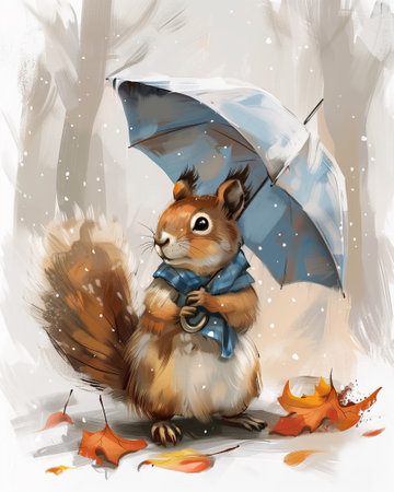 A squirrel with a tiny umbrella outdoor, illustrationの素材