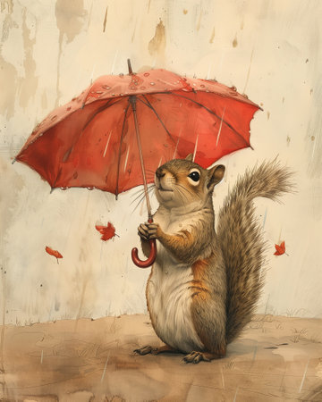 A squirrel with a tiny umbrella, illustrationの素材