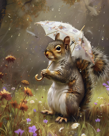 A squirrel with a tiny umbrella outdoor in the forestの素材