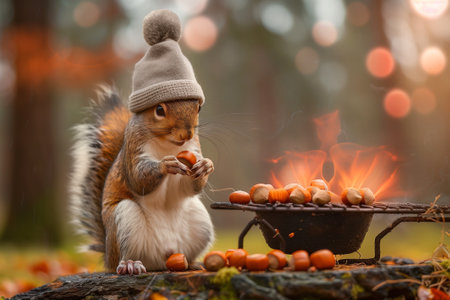 Squirrel in a cap makes a grill with nuts in natureの素材