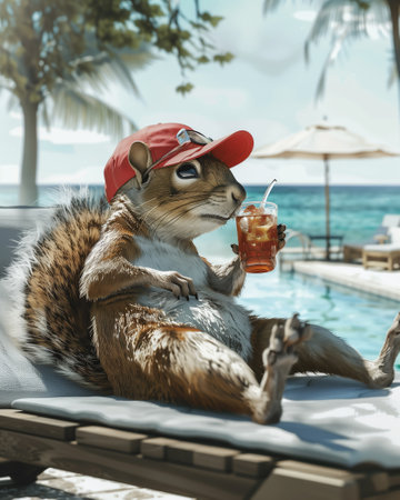 A squirrel in a cap is lying on a sun lounger by the pool and drinking a tea with iceの素材