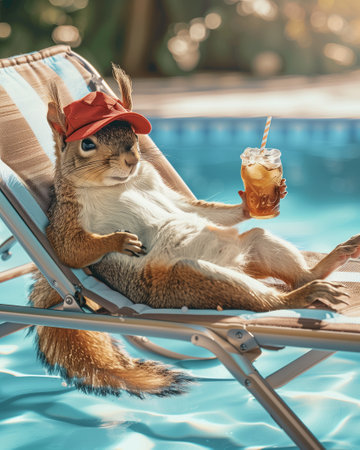 A squirrel in a cap is lying on a sun lounger by the pool and drinking a tea with iceの素材