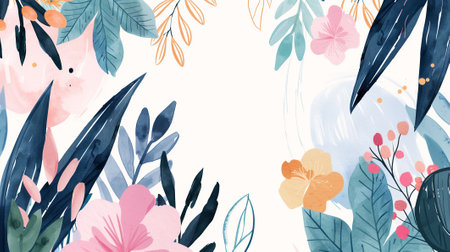 Flower and botanical leaves, organic shapes, watercolorの素材