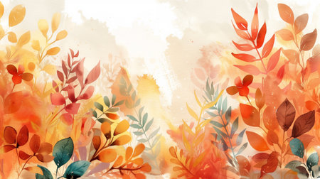 Autumn background design with watercolor brush texture, Flower and botanical leaves watercolor hand drawing. Abstract art wallpaper design for wall arts, wedding and invite cardの素材