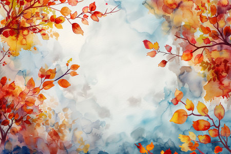 Abstract autumn watercolor art. Bright warm colors, fall leaves, trees, sky, clouds. Frame, background for textの素材