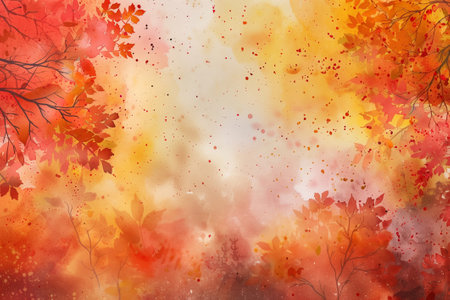Abstract autumn watercolor art. Bright warm colors, fall leaves, trees. Frame, background for textの素材