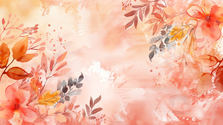 Autumn background design with watercolor brush texture, Flower and botanical leaves watercolor hand drawing. Abstract art wallpaper design for wall arts, wedding and invite cardの素材