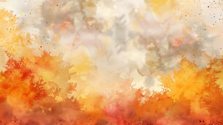 Abstract autumn watercolor art. Bright warm colors, fall leaves, trees, sky, clouds. Frame, background for textの素材