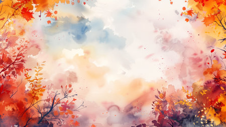Abstract autumn watercolor art. Bright warm colors, fall leaves, trees, sky, clouds. Frame, background for textの素材
