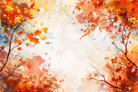 Abstract autumn watercolor art. Bright warm colors, fall leaves, trees, sky, clouds. Frame, background for textの素材