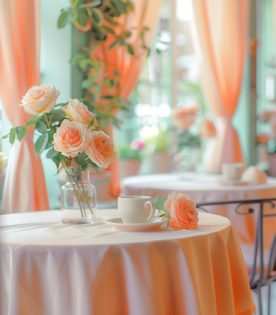 A inside cafe boutique in pastel soft peach colors, roses on the tableの素材
