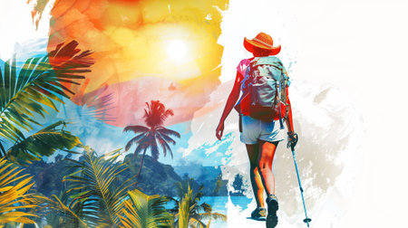 Collage illustration of young girl walking wearing trekking equipment backpack, exploring tropics, sunny weatherの素材
