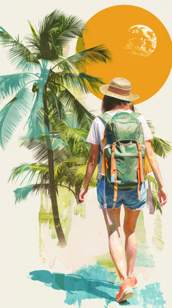 Collage illustration of young girl walking wearing trekking equipment backpack, exploring tropics, sunny weatherの素材