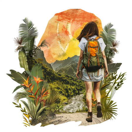 Collage illustration of young girl walking wearing trekking equipment backpack, exploring tropics, sunny weatherの素材