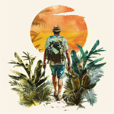 Collage illustration of young guy walking wearing trekking equipment backpack exploring, tropics over sunny weatherの素材