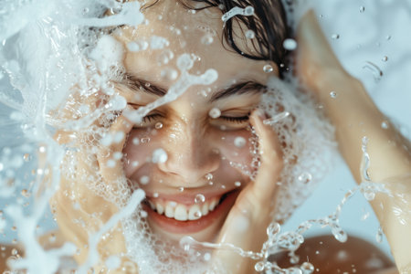 A girl with clean skin washes, white backgroundの素材