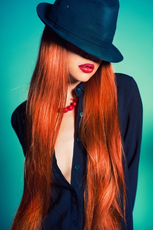 Fashion portrait of sexy woman in Hatの写真素材