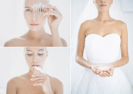 Beautiful bride holding a comb. Fashion art photo collageの写真素材
