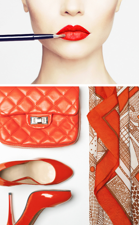 Stylish woman outfit in red colors on white backgroundの写真素材
