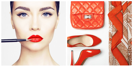 Stylish woman outfit in red colors on white backgroundの写真素材