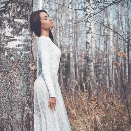 Outdoor fashion photo of young beautiful lady in a birch forestの写真素材