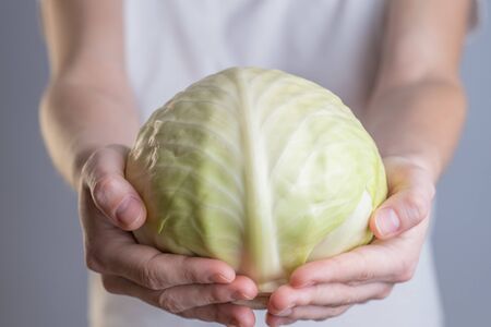 Woman holding showing green cabbage in closeupの写真素材