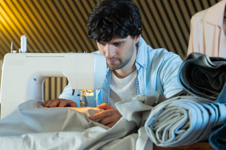 Fashionable clothes designer man sews at a sewing machine. Fashion designer working in his studioの写真素材