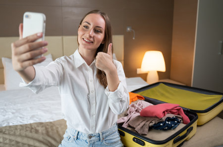 Cheerful woman talks on video call via smartphone with friend sitting on bed in hotel room. Young female tourist shares impressions of trip closeupの写真素材